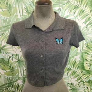 Womens Faded Rose Gray Collard Butterfly Button Down Crop Top